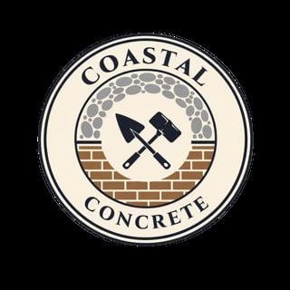 Coastal Concrete logo featuring crossed tools over brick texture in a circular seal design